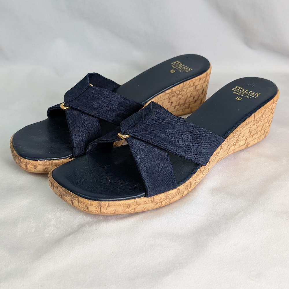 ☘️GUC Italian Shoemakers Women's Navy Wedge Sandals Hand Made In Italy, 10